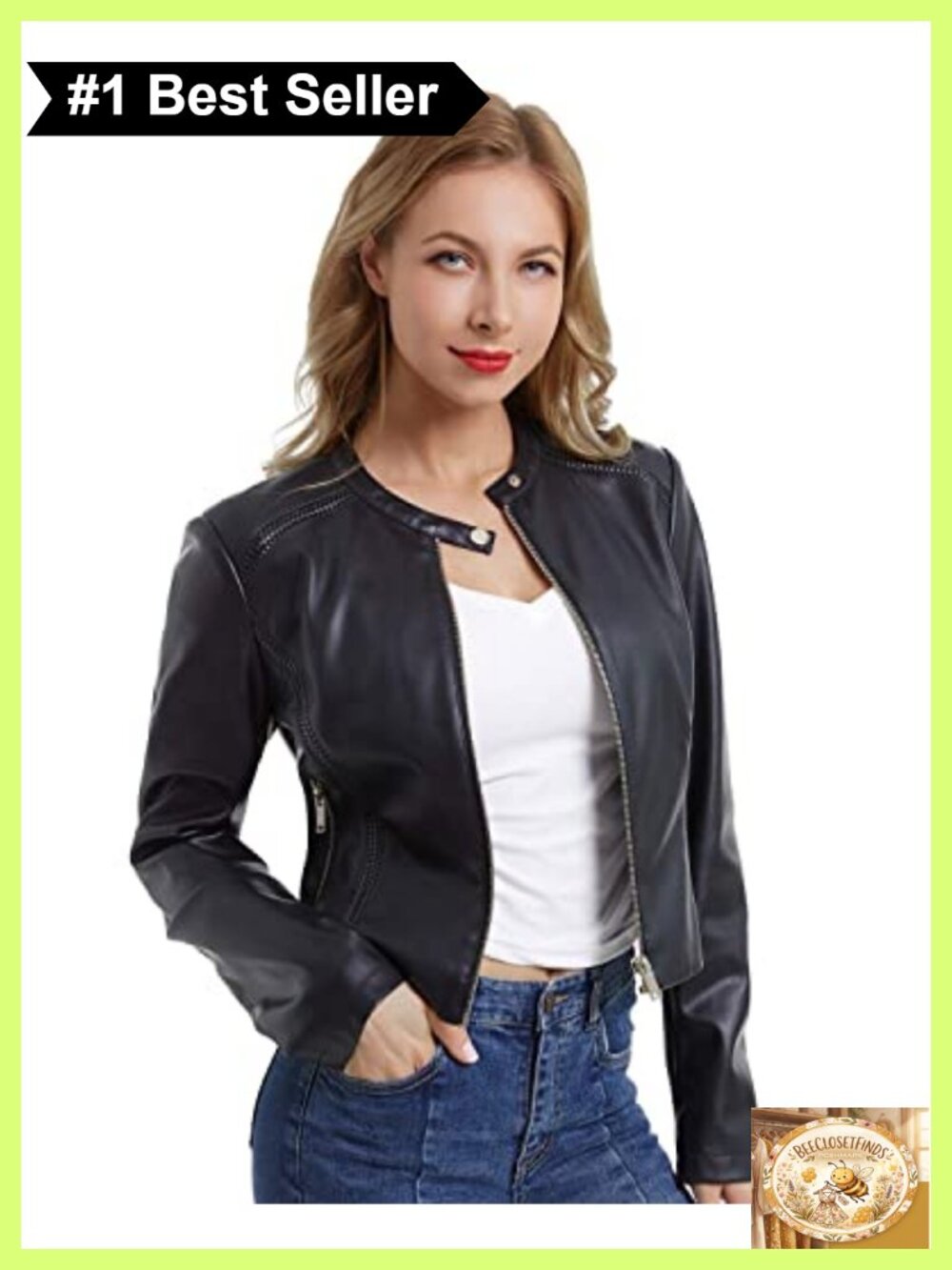 Faux Leather Cropped Moto Biker Jacket Long Sleeve Zip Close